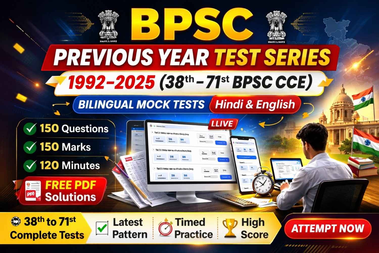 BPSC Previous Year Test Series 1992–2025 (38th–71st BPSC CCE) Bilingual Mock Tests (Hindi & English)