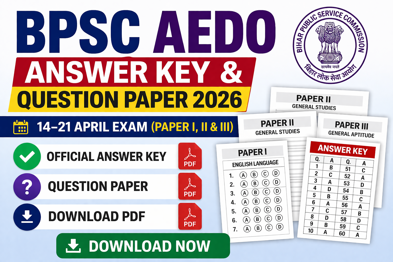 BPSC AEDO Answer Key and Question Paper 2026; Download Pdf For 14-21 April Exam (Paper I, II and III)