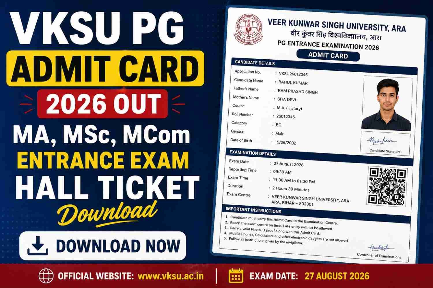VKSU PG Admit Card 2026 Out MA, MSc, MCom Entrance Exam Hall Ticket Download